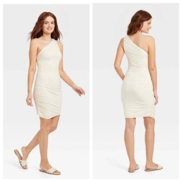 NEW A New Day Women's Ruched Knit One Shoulder Mini Dress - Cream - Picture 1 of 11